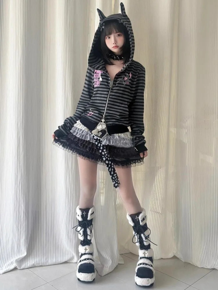 Gothic Y2k Coats Harajuku Gothic Women Hooded Zip Up