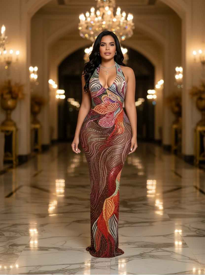 ZD ZD Plus Size Sexy Sheer Mesh Dress with Low Back & Colorful Rhinestones