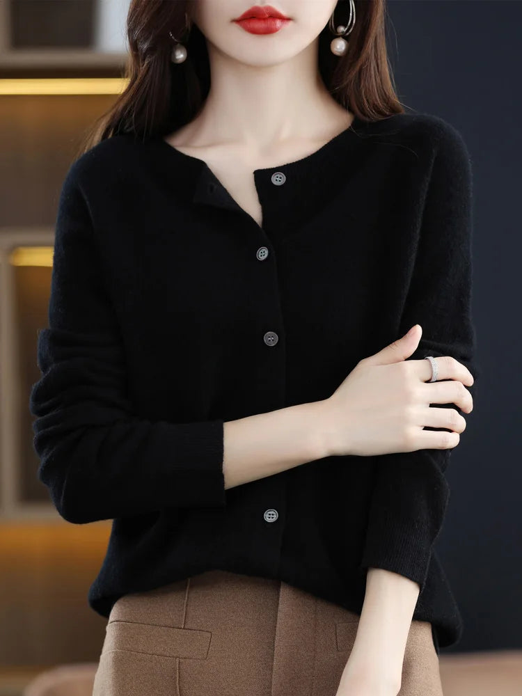 Chic Women's O-Neck Merino Wool Cardigan