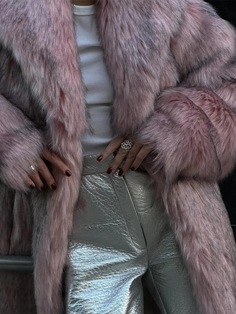 Retro Lapel Rose Red Faux Fur Coats Women