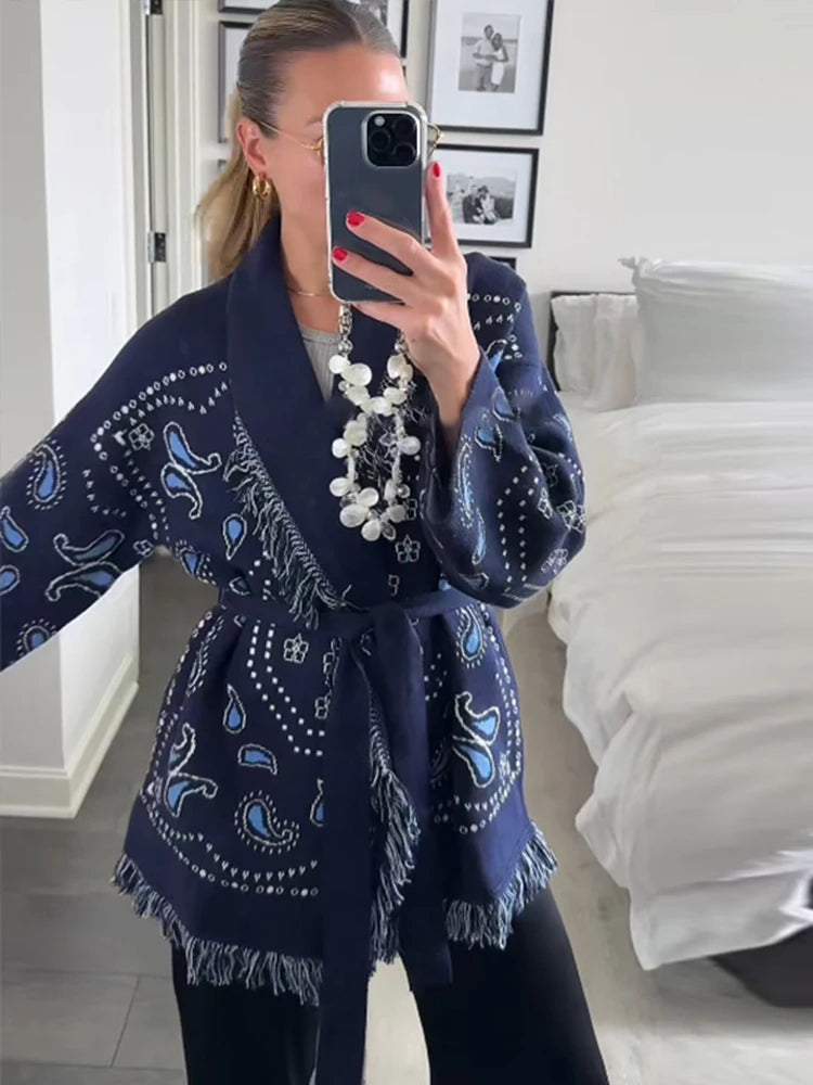 Tassel Patchwork Printed Cardigan Women Geometric Patterns Belts