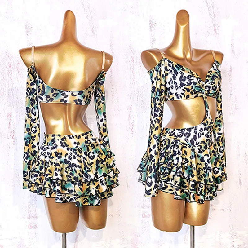 Sexy Leopard Latin Dance Dress For Women Off Shoulder Ruffle Dresses