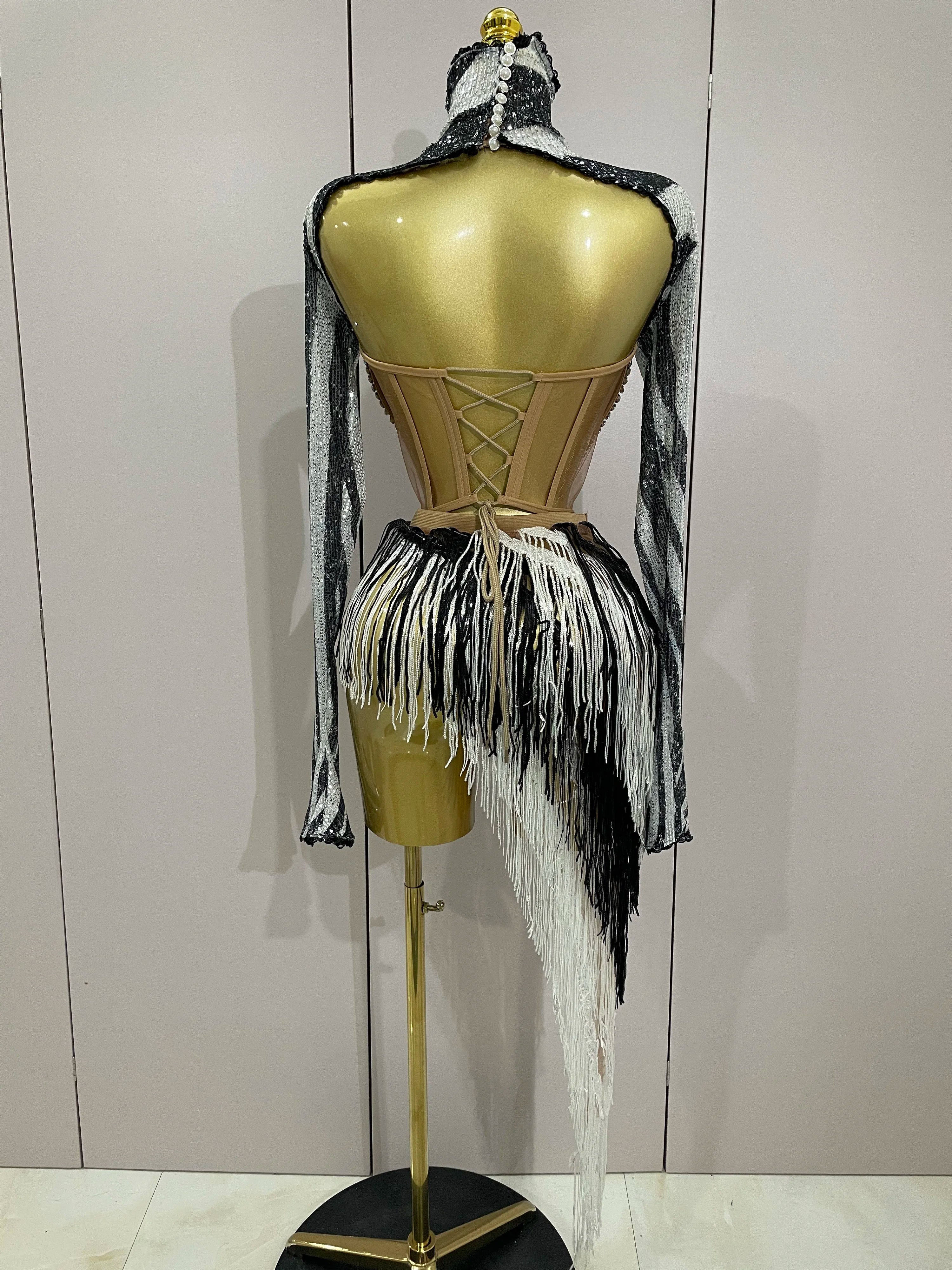 2025 New Shiny Diamond Sequin Tassels Sexy Mesh Long Sleeved Two Piece Set Women Evening Birthday paty Nightclub Stage Costume