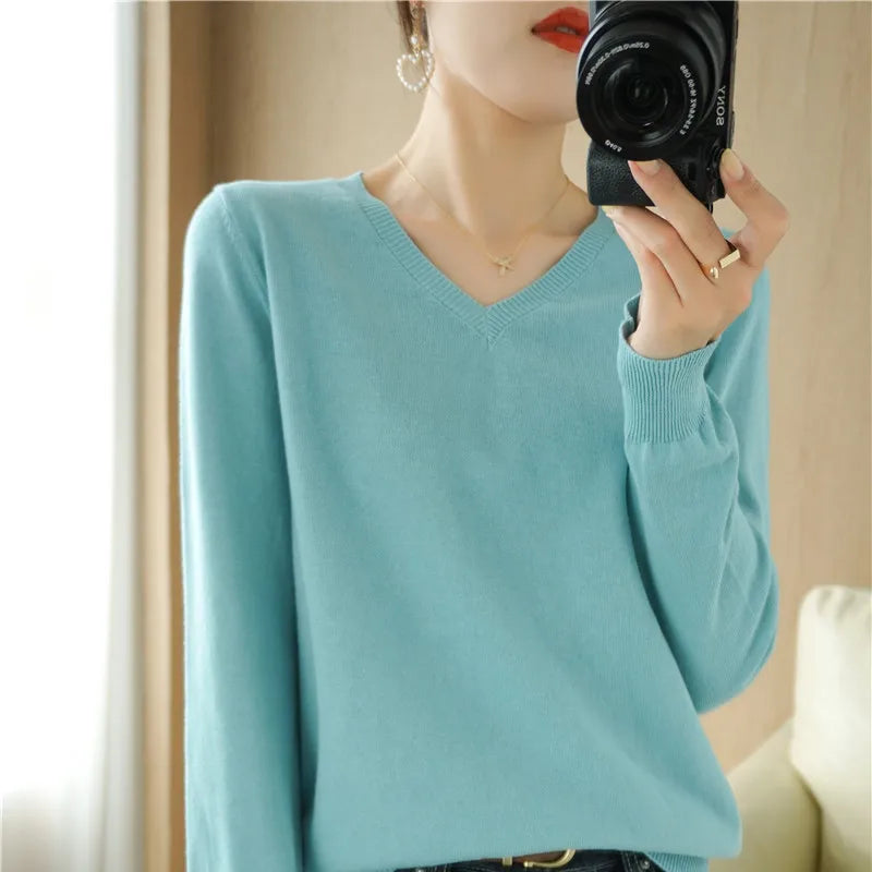 Peach V-Neck Knitted Sweater for Women