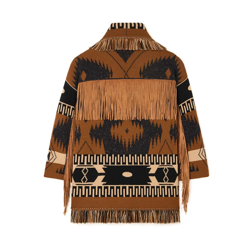 Geometric Jacquard Fringe Belted Waist