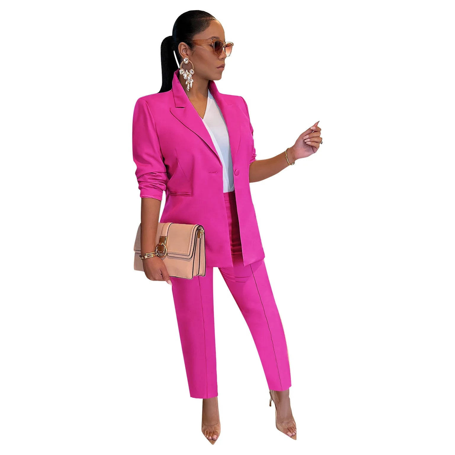 Women's Suit Blazer and Pants Casual Fashion Solid Long Sleeved Versatile Coat Tight Trousers Set Slim Fit Office 2 Piece Suit