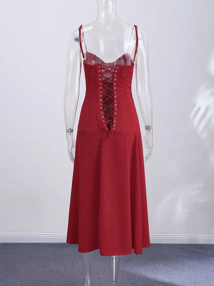 Spaghetti Strap Elegant Women Red Satin Dress