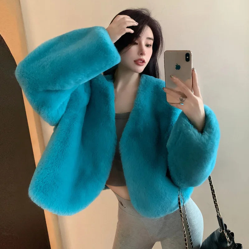 Korean Style Short Thickened Eco-Friendly Faux Fur Coat