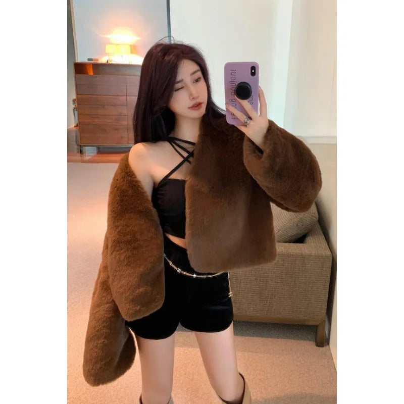 Korean Style Short Thickened Eco-Friendly Faux Fur Coat Luxury Feel Top Quality Autumn Winter V-Neck Long Sleeve Women's Jacket