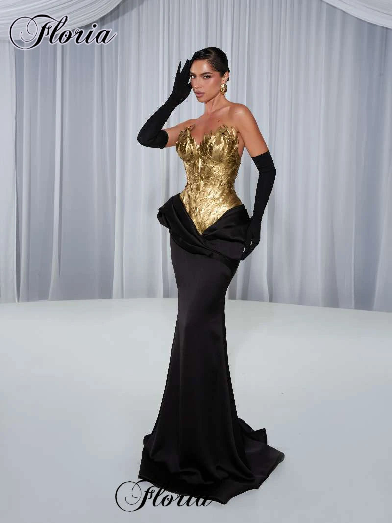 Simple Mermaid Prom Dresses With Gold Feathers