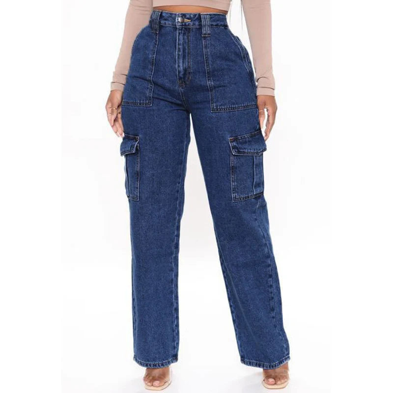 Woman High Waist American Cargo Jeans Lady Straight Leg Cross Pants Girls Fashion Light Blue Dark Blue Black Gray Denim Trousers