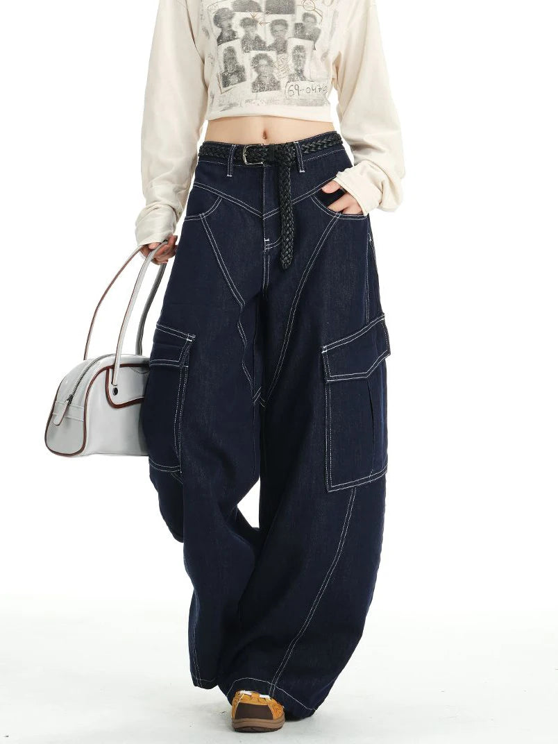 High Waist Multi Pocket Jeans Women 2025 New  Fashionable Solid Color Versatile Large Size Cargo Pants
