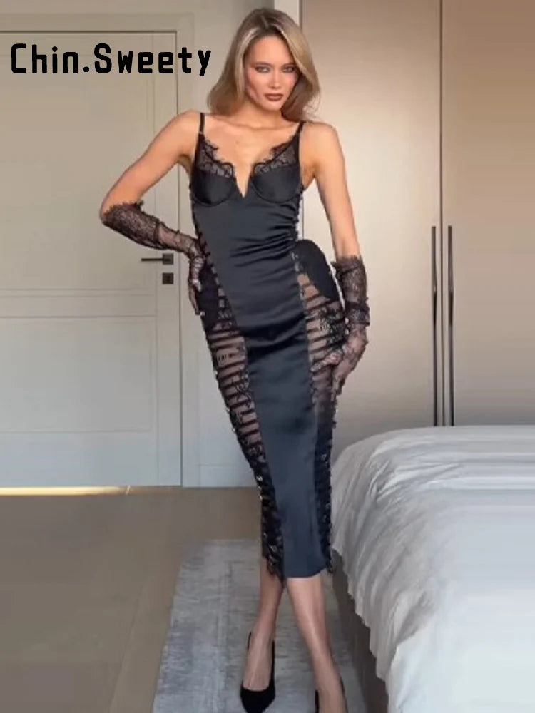Sexy Women's Lace Patchwork Long Sling Dress
