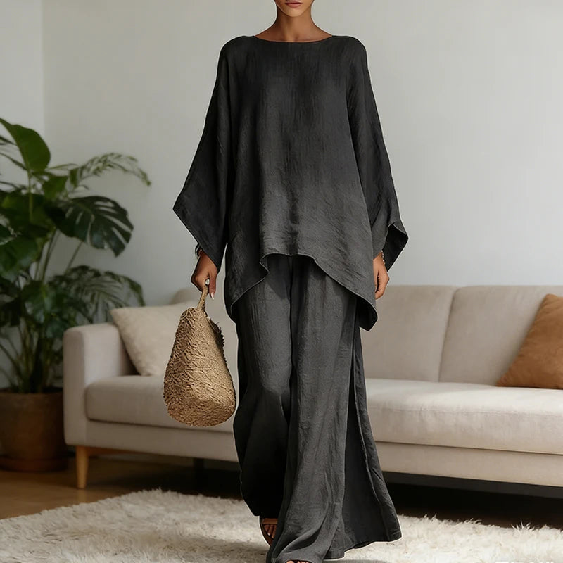 Spring New Fashion Linen Loose Long-sleeved Wide-leg Trousers