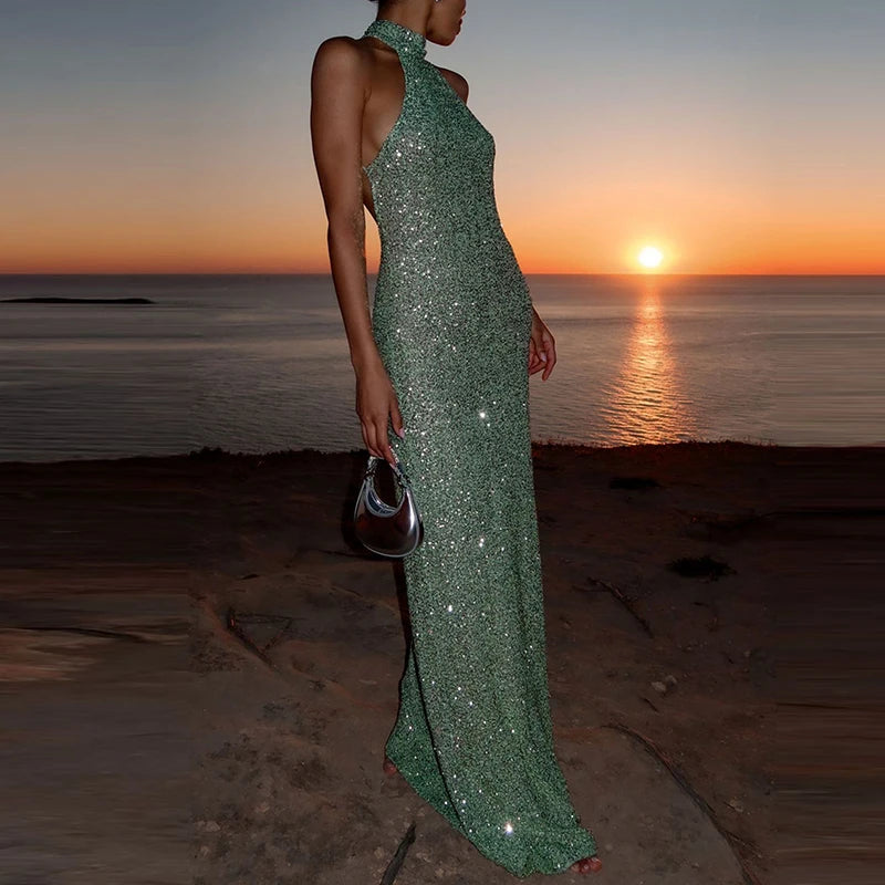 Sexy Backless Shiny Sequins Slim Evening Dress Summer New Solid Color Banquet Dress Lady Hollow Out Beach Vacation Maxi Dresses