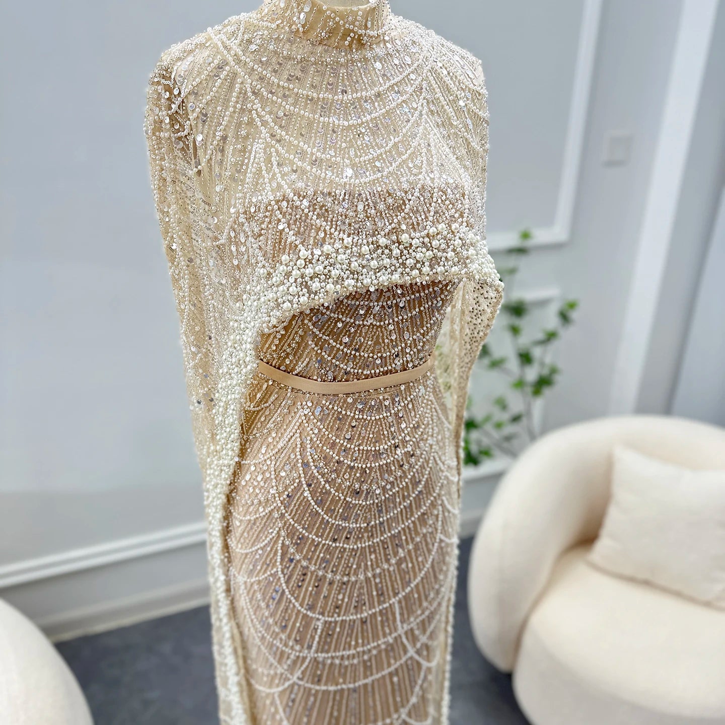 Sharon Said Luxury Pearls Dubai Champagne Evening Dresses