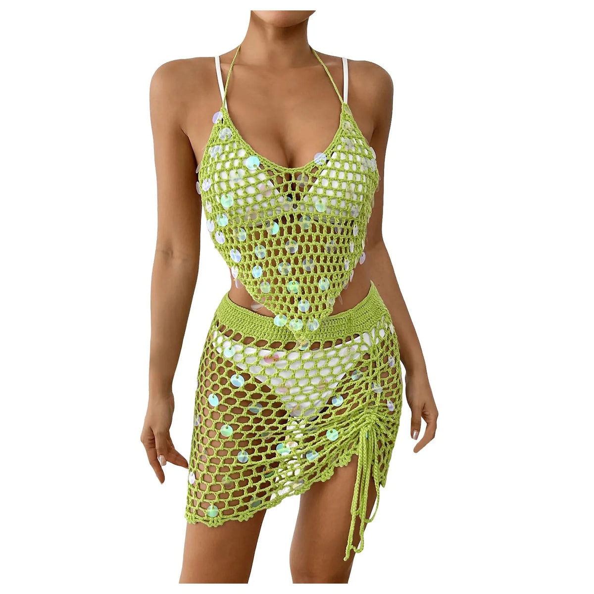 Beach Cover Up 2pcs Sexy Women Shiny Sequin Hollow Out Knitted Tank Tops