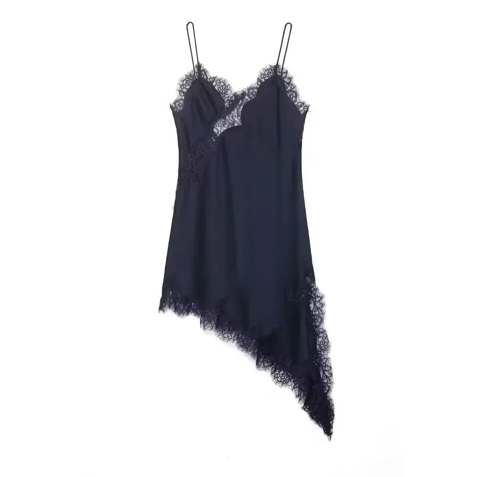 Women Lace Satin Dress Asymmetrical Lace Hem Spaghetti Strap