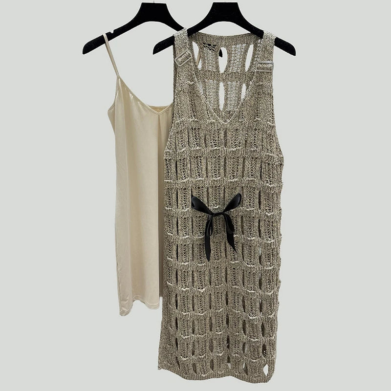 Women's dress New Sexy hollow out sleeveless long dresses for summer 2025 Bow waist belt slim midi dresses V-neck party dresses