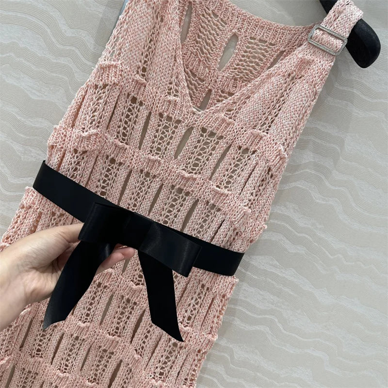 Women's dress New Sexy hollow out sleeveless long dresses for summer 2025 Bow waist belt slim midi dresses V-neck party dresses