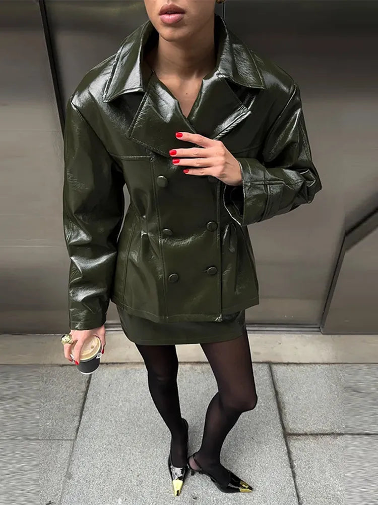 Fashion PU Leather Skirt Sets Women Lapel Long Sleeve