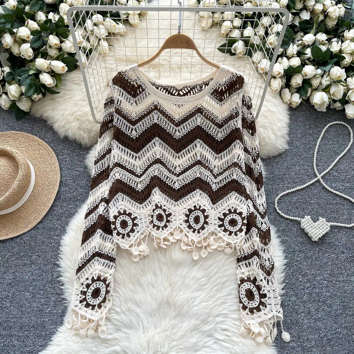Zig Zag Crochet V-Neck Sweater for Women