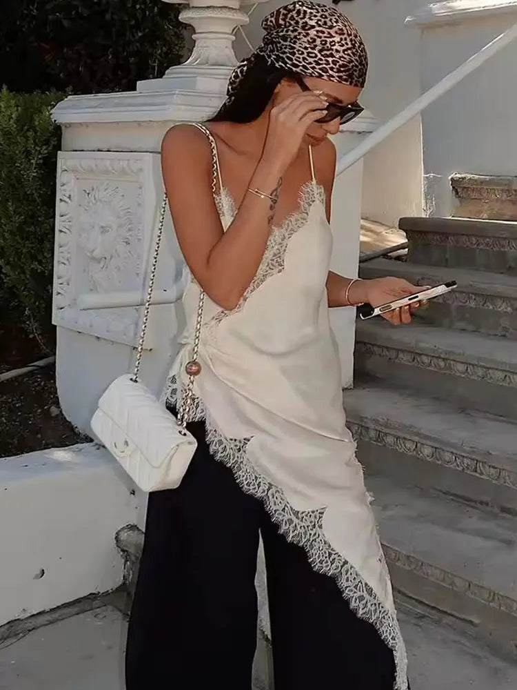 Women Lace Satin Dress Asymmetrical Lace Hem Spaghetti Strap