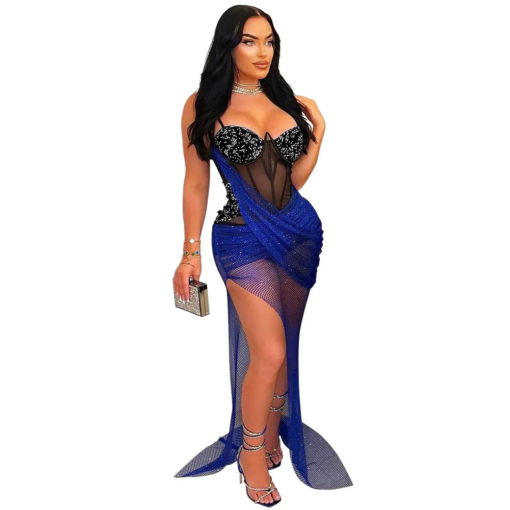 CM.YAYA Women Mesh Strapless Perspective Rhinestone Strap Maxi Long Dress