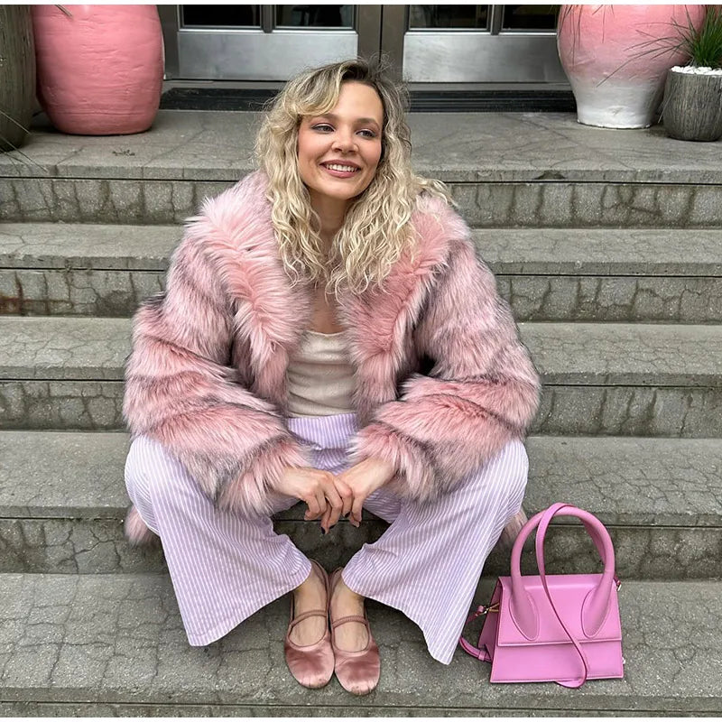 Retro Lapel Rose Red Faux Fur Coats Women