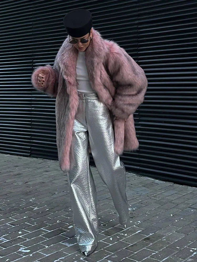 Retro Lapel Rose Red Faux Fur Coats Women