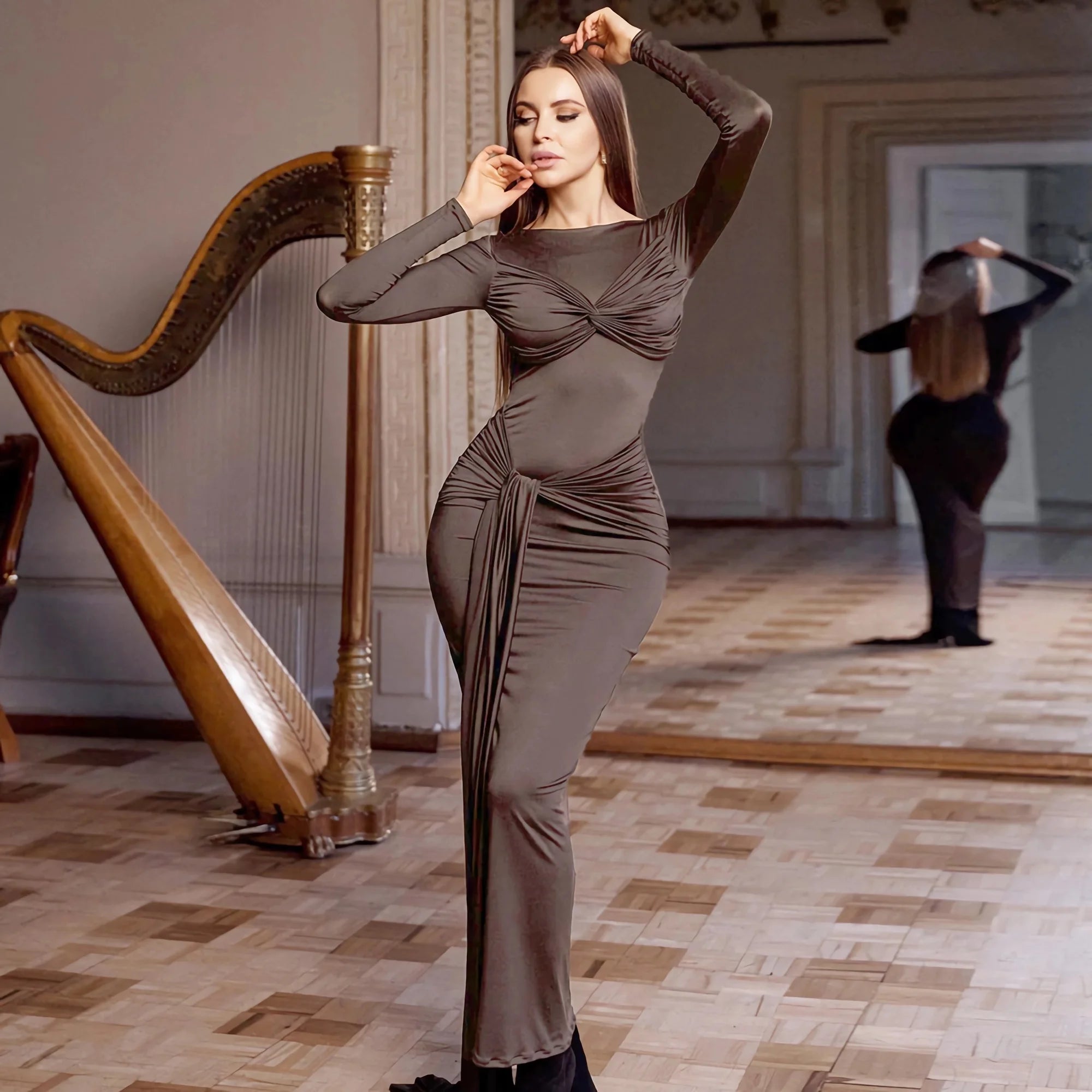 Sexy Elegant Party Dress Women White Long Sleeve Pleated Midi Dress for Evening Dinner Club