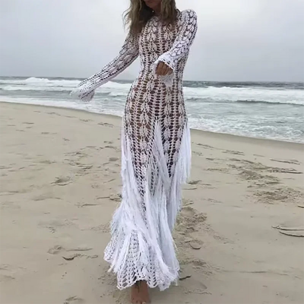 Fashion Fringe Patchwork Slim Long Robe Dress