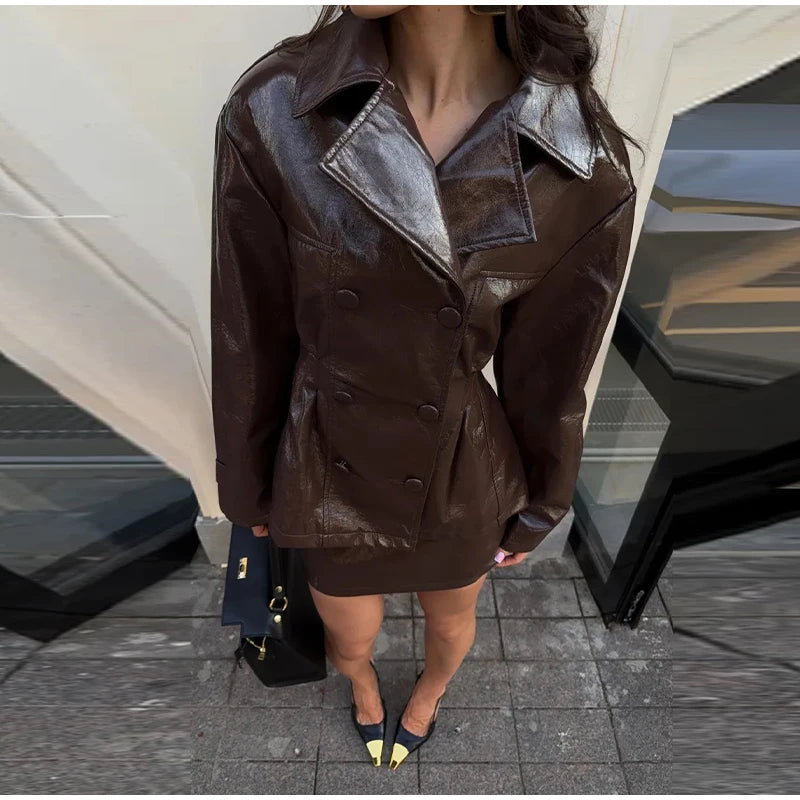 Fashion PU Leather Skirt Sets Women Lapel Long Sleeve
