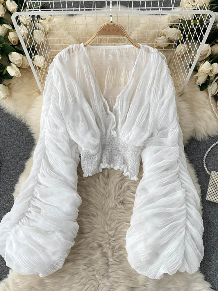 Summer Sexy Draped Chiffon Blouse For Women Elegant V-Neck