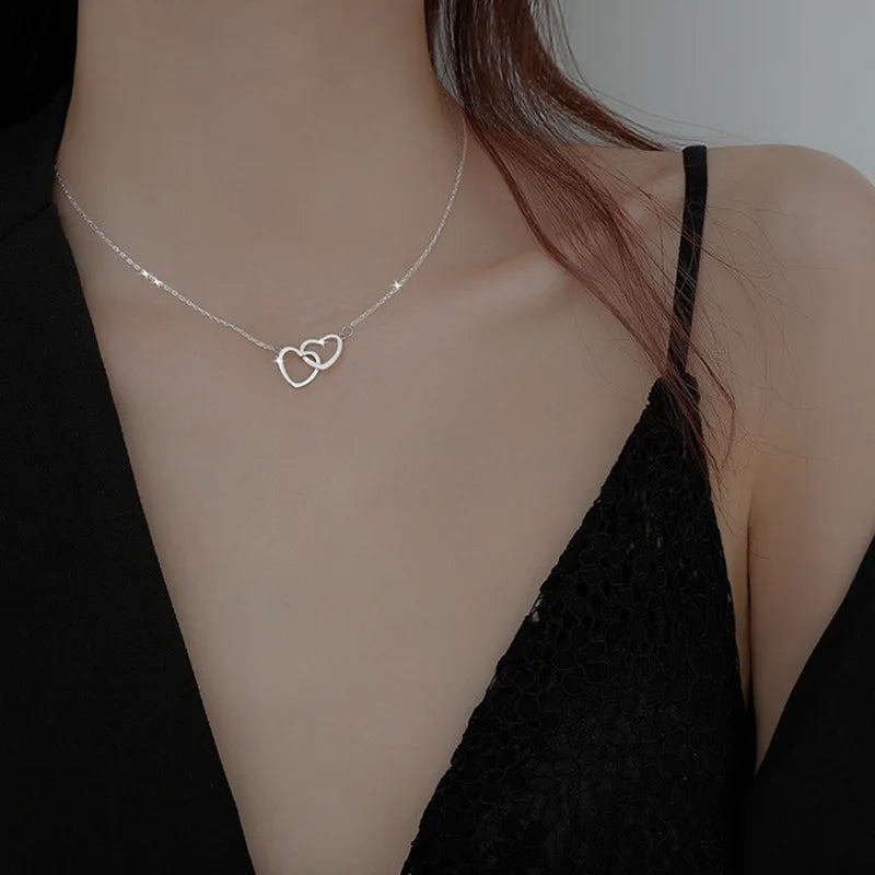 925 Sterling Silver Double Ring Heart Necklace