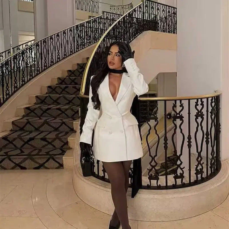 Elegant Pure Color Fashion Deep V-neck Waist-cinched Suit Dress
