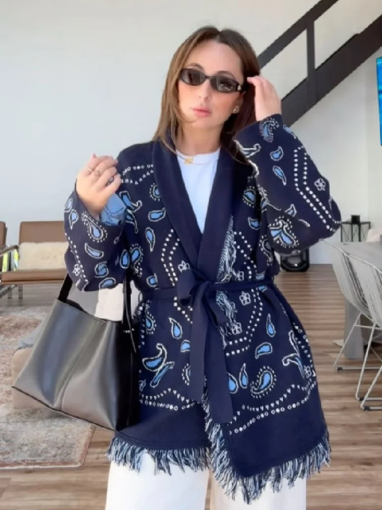 Tassel Patchwork Printed Cardigan Women Geometric Patterns Belts
