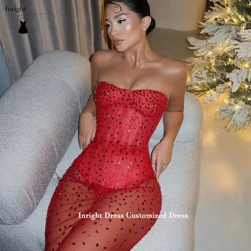 Inright Customized Sexy Red Beading Birthday Dress African Red Carpet Dress