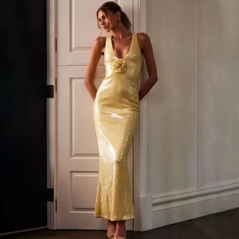 New Hollow out Backless Party Dress Sequin Split Long Skirt Women V Neck Sleeveless Ankle Length Regular Waistline Gown