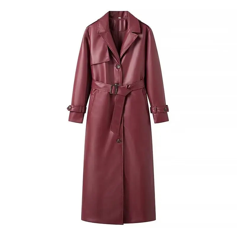 Women Faux Leather Coats Mid Length Jackets Solid Belt
