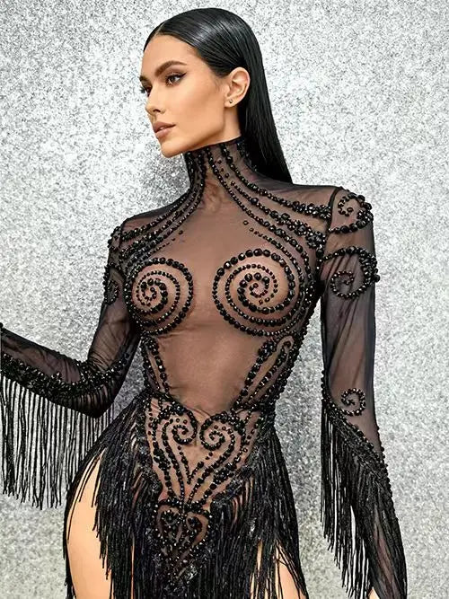 Sparkly Rhinestones Tassels Birthday Celebrate Evening Dress