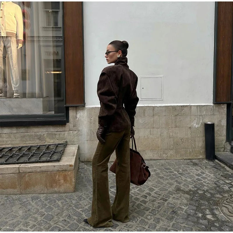 Brown Single Breasted Suede Jacket Women's Fashion