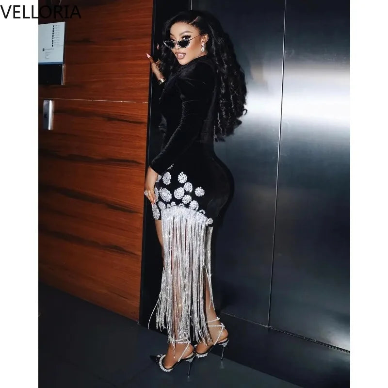 Black Velvet Blazer Dress for Black Women Sexy Deep V-Neck Gold Rhinestone