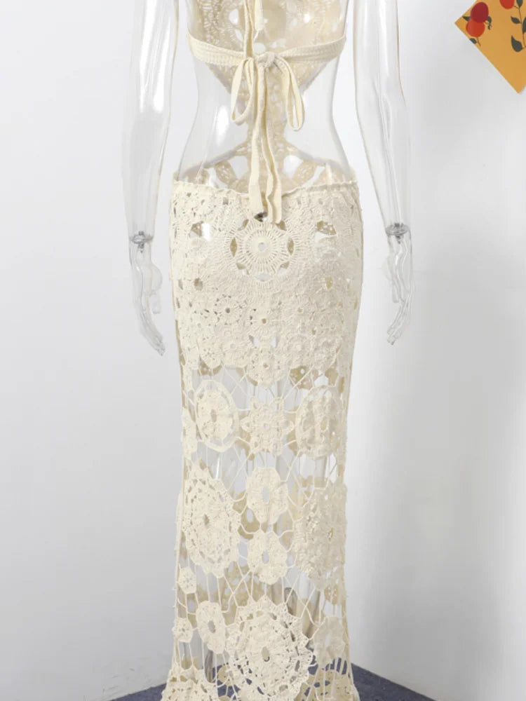 Chic Flower Halter Knitted Dress For Women Sexy Hollow Out Sleeveless Backless Lady Maxi Dresses Fashion Holiday Beachwear