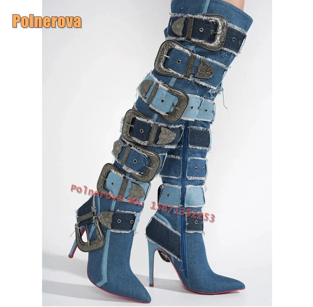 Metal Belt Buckle Canvas Fashion Boots Pointed Toe