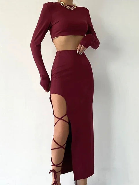 2024 New Pullover Long Sleeve Simple Crop Top Elastic Waist Halter High Split Legless Sexy Tie Solid Colour Half Skirt Set