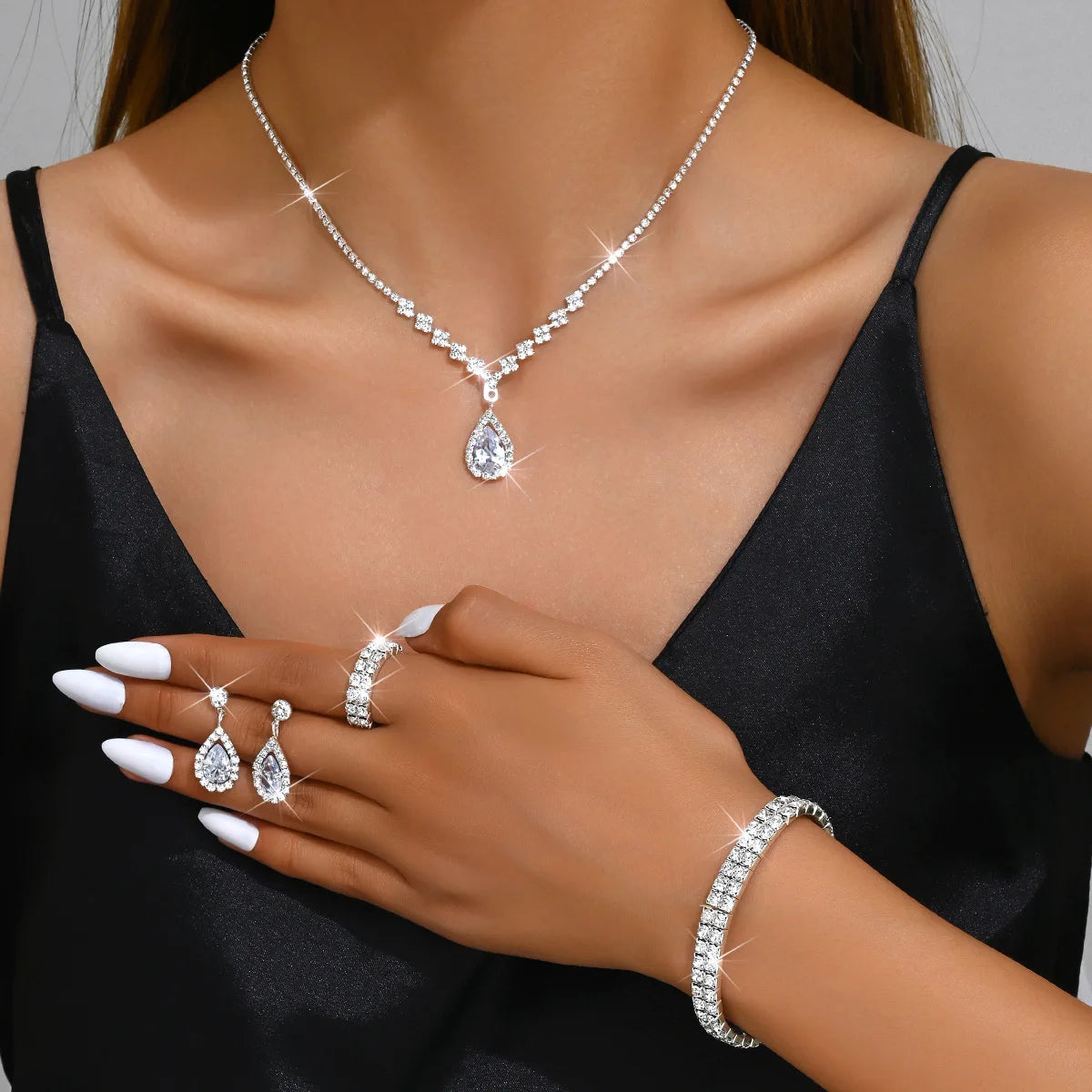 5pcs Waterdrop Zircon Crystal Wedding Jewelry Set