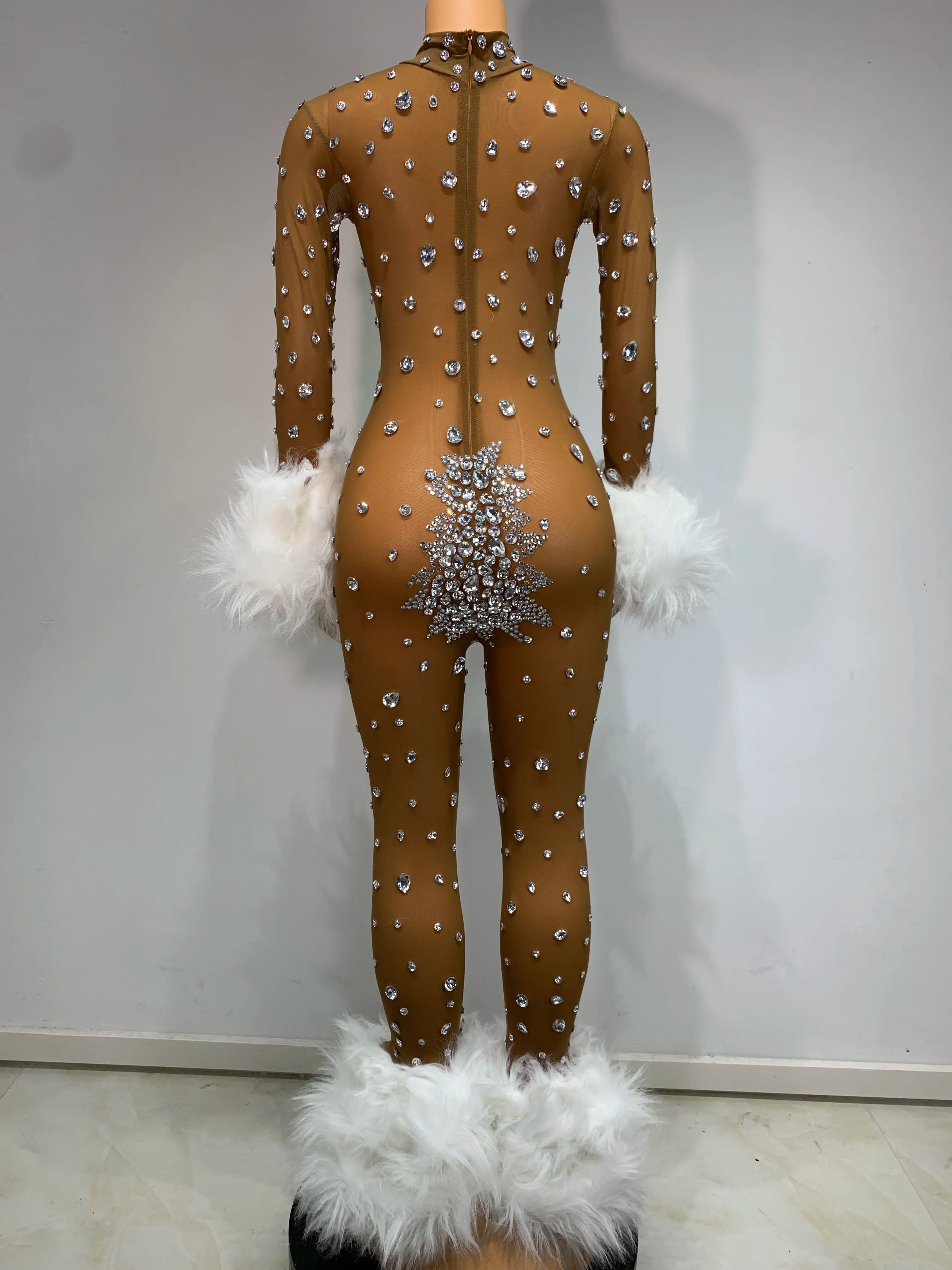 Luxury Rhinestone Feather Stretch Jumpsuit Nightclub Performance Dancer Stage Costume Sexy Mesh Long Sleeve Women's Outfit