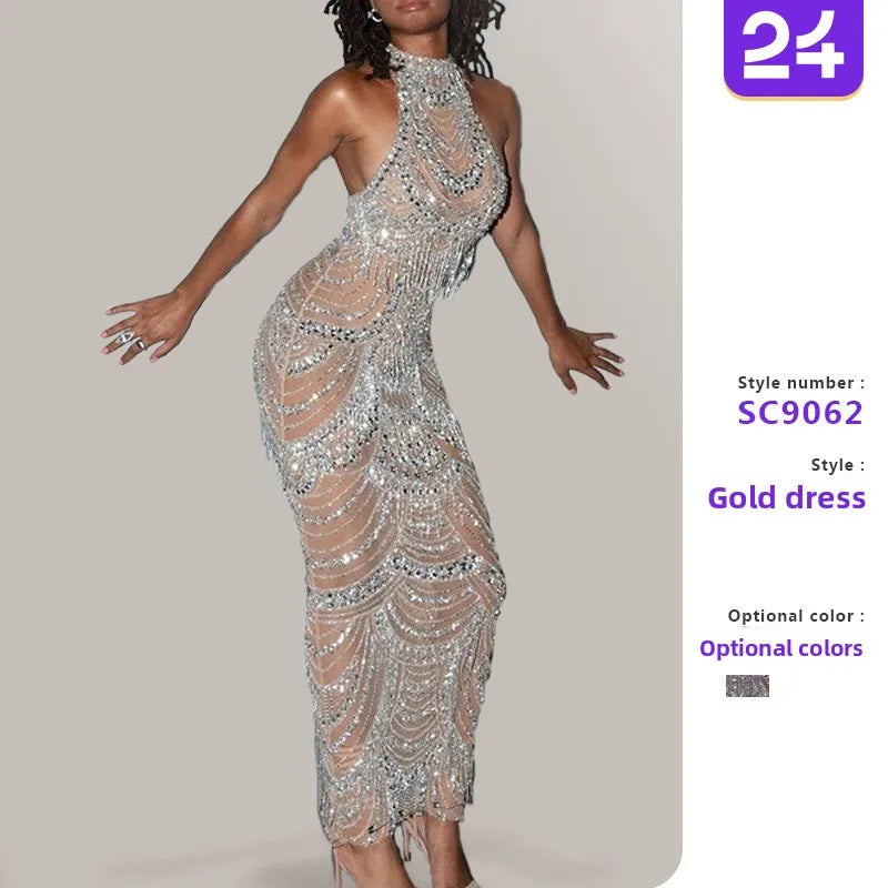 Spring 2025 Sexy Beaded Women's Dress Hanging Neck Gown