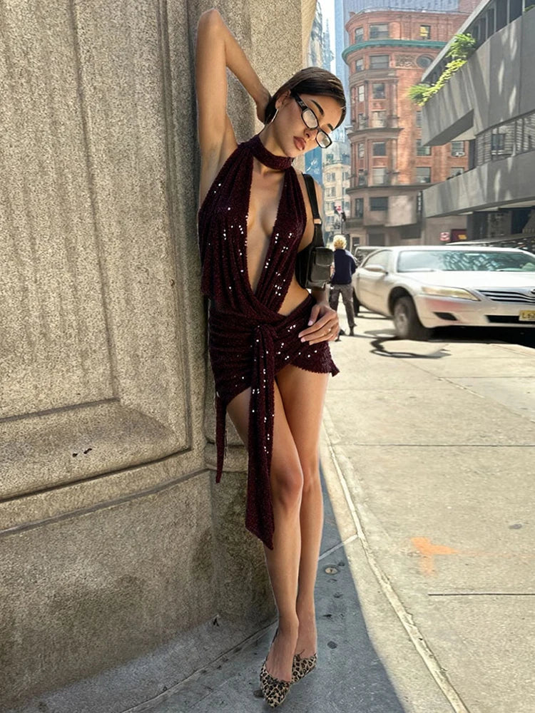 Nibber Coquettish Shiny Sequins Dress Women Halter Scarf+Sexy Deep V-Neck Backless Sleeveless Ruched Ribbon Club Hottie Outfits
